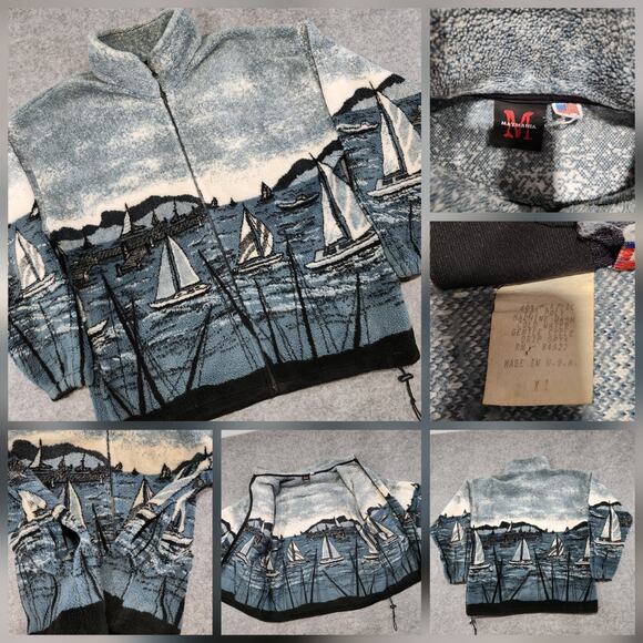 VTG 90s Sailboat Mazmania Mens Adult XL AOP Ocean Sherpa Fleece Full Zip Jacket - Picture 1 of 16